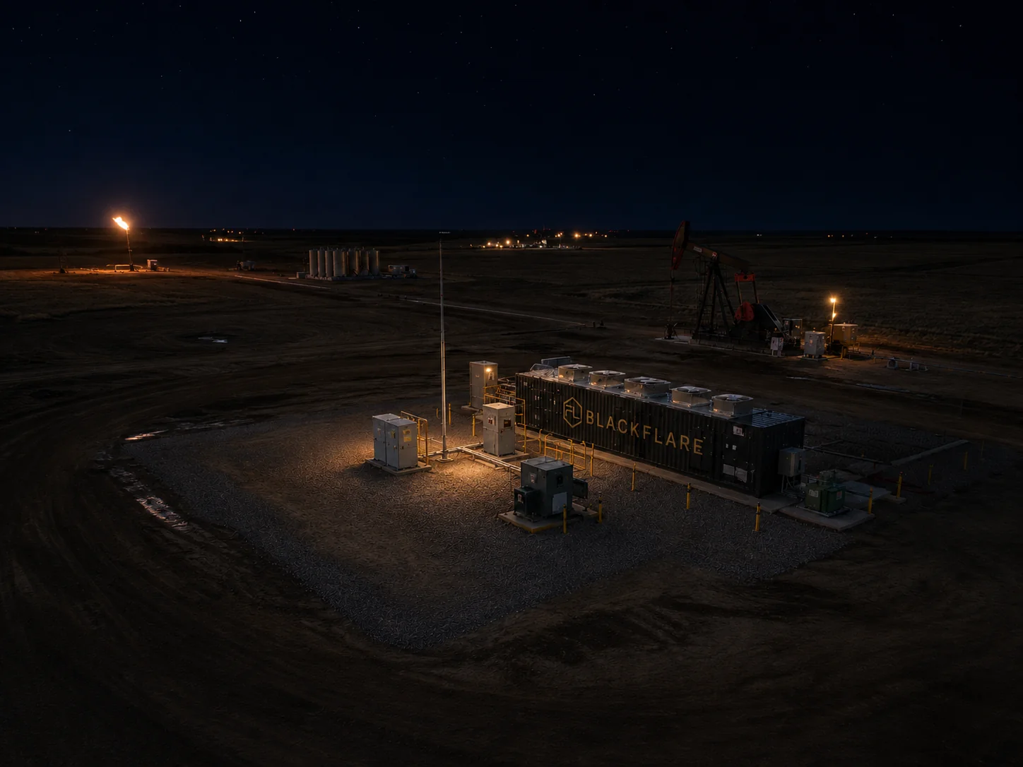 BlackFlare mobile data center on a well site at night