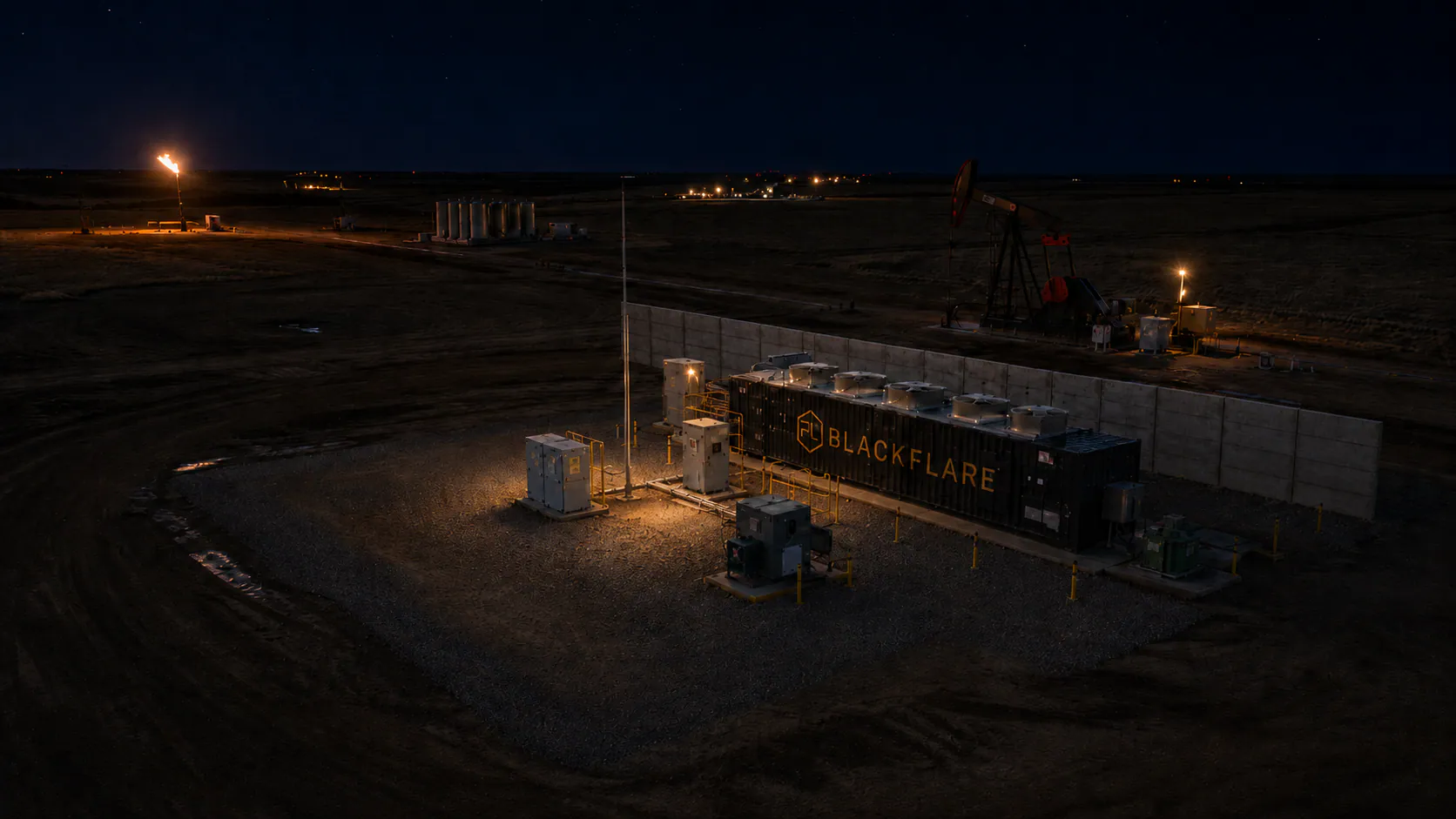 BlackFlare unit beside a flare at night